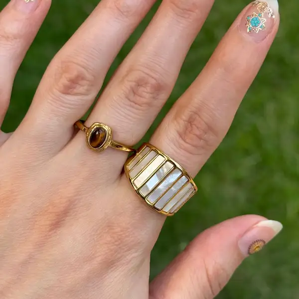 Gold Plated Striped Mother of Pearl Ring, photo 9