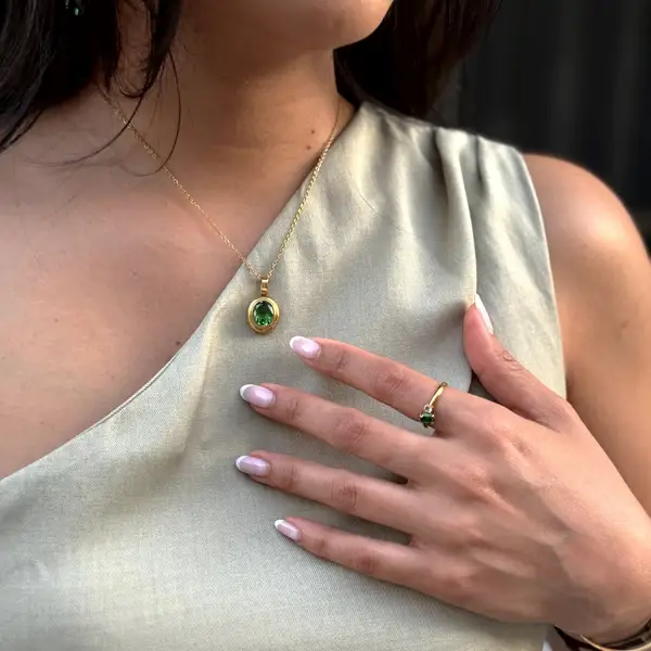 Emerald Gemstone Pendant Necklace, 18k Gold Plated Stainless Steel, photo 2