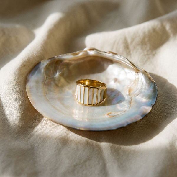 Gold Plated Striped Mother of Pearl Ring, photo 2