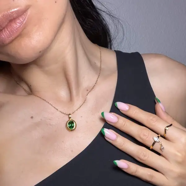 Emerald Gemstone Pendant Necklace, 18k Gold Plated Stainless Steel, photo 3