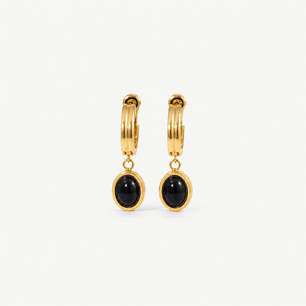 Black Onyx Drop Hoop Earrings