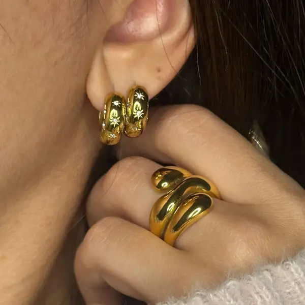 Stainless Steel Gold Hoop Earrings with Star Details, photo 8