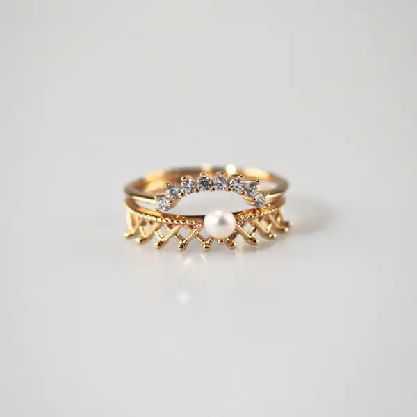 Pearl Crown Ring + Arch Band Ring Set