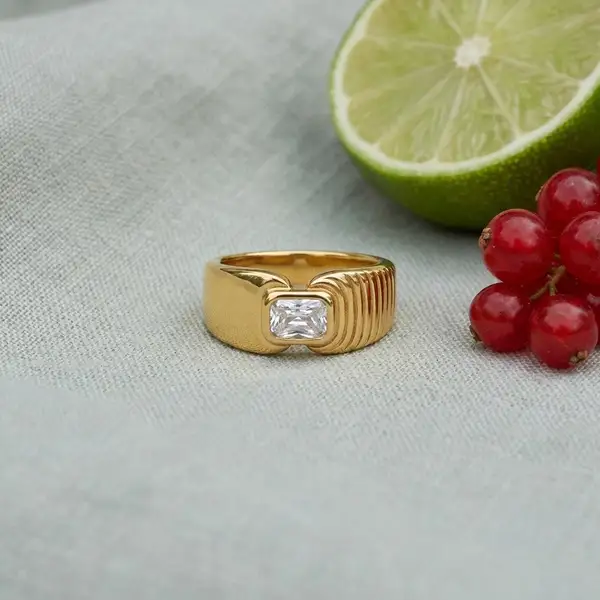 Waterproof Gold Signet Ring with Radiant Crystal, photo 4