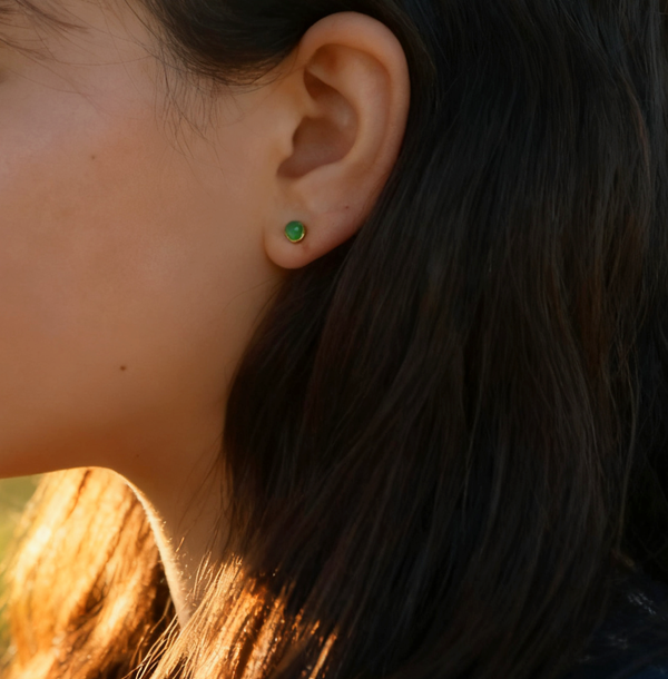 Green Agate Stud Earrings Gold Plated 4mm