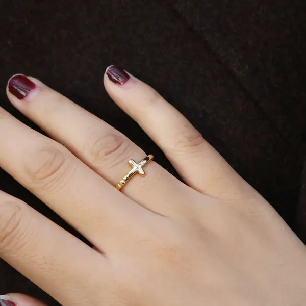 Gold Plated Cross Ring in Stainless Steel, photo 2