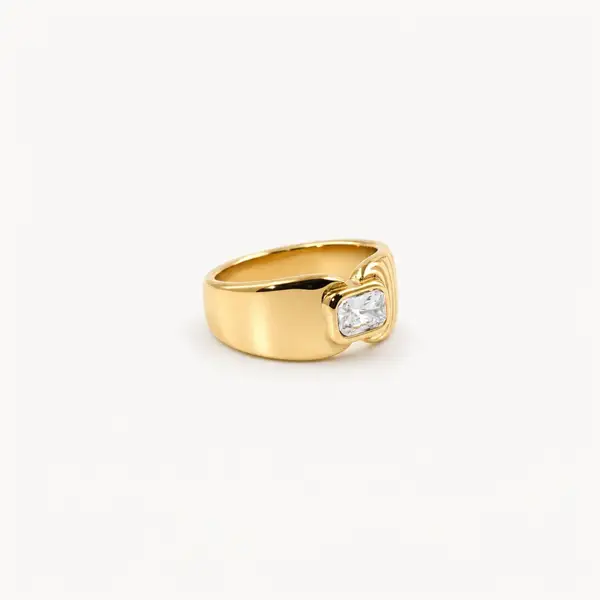 Waterproof Gold Signet Ring with Radiant Crystal, photo 3
