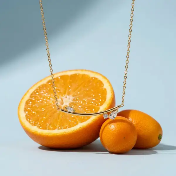 Curved Bar Necklace with CZ Leaf, photo 4