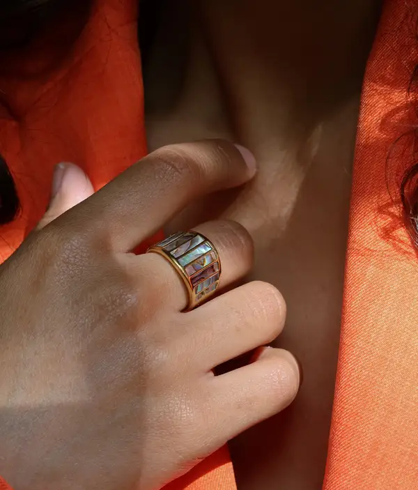 Striped Mother of Pearl Ring - Abalone | Waterproof 18k Gold Plated