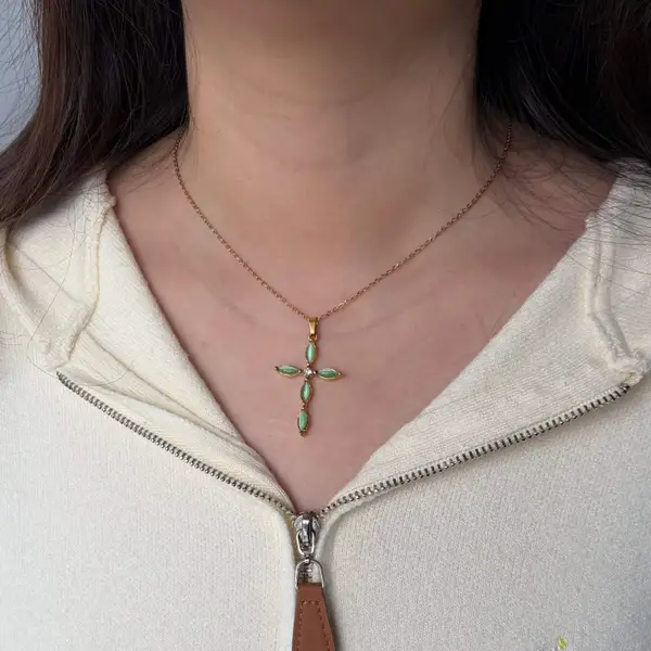 Green Cat's Eye Cross Necklace, photo 3